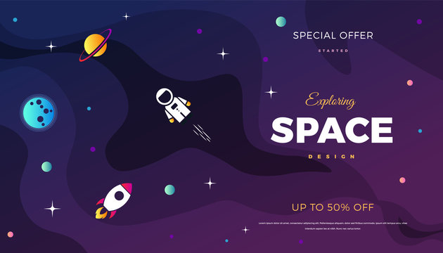 Space exploration modern background design with a Galaxy, Astronaut, Rocket, Moon, Planets and Stars in cosmos. Cute pink color template for website page or banner vector illustration