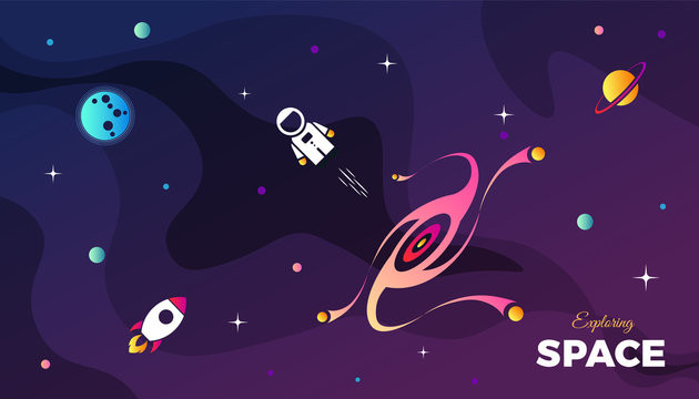 Space exploration modern background design with a Galaxy, Astronaut, Rocket, Moon, Planets and Stars in cosmos. Cute pink color template for website page or banner vector illustration