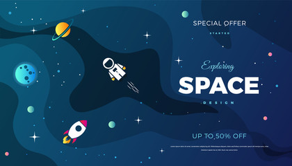 Space exploration modern background design with a Galaxy, Astronaut, Rocket, Moon, Planets and Stars in cosmos. Cute blue color template for website page or banner vector illustration