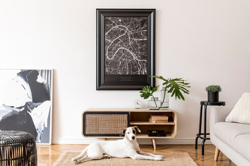 Design scandi home interior of living room with wooden commode, gray sofa, black rattan pouf, plant and elegant accessories. Stylish home decor. Mock up design map project. Dog is lying on the carpet