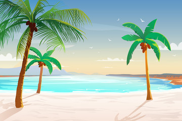 Beach with palm trees, white sand and turquoise sea
