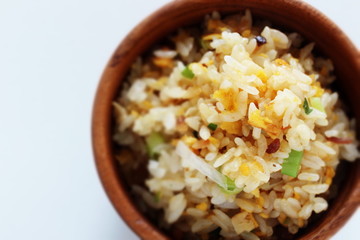 Chinese food, scallion and egg stir fried with roasted pork rice