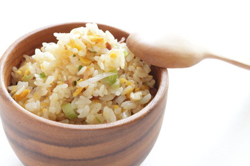 Chinese food, scallion and egg stir fried with roasted pork rice
