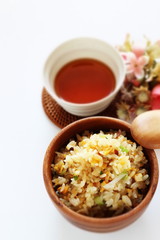 Chinese food, scallion and egg stir fried with roasted pork rice