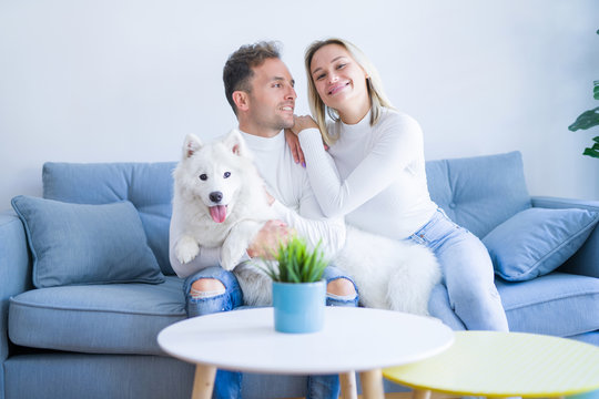 Young beautiful couple with dog sitting on the sofa at new home around cardboard boxes