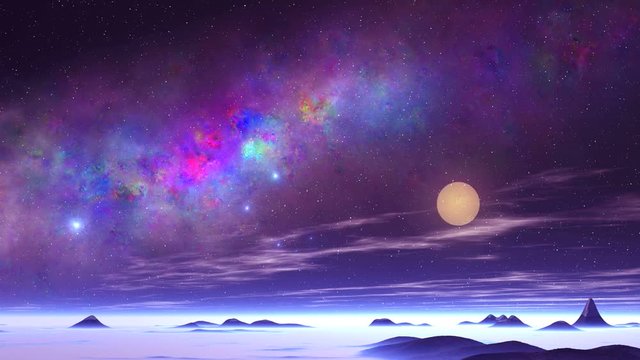 Beautiful Nebula and UFO over an Alien Planet. On a dark starry sky great colorful nebula. Bright blue objects (UFOs) quickly fly over the alien desert. In the lowlands is blue fog.