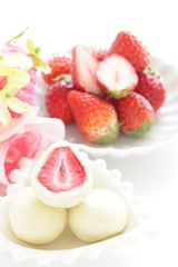 Japanese food, dried strawberry coating by white chocolate