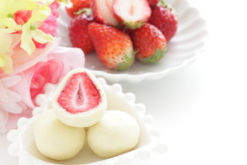 Japanese food, dried strawberry coating by white chocolate