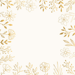 Golden frame with flowers, herb, leaves. Vector isolated illustration. 