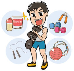 イラスト素材：男性 筋トレ イメージ 筋肉 ジム