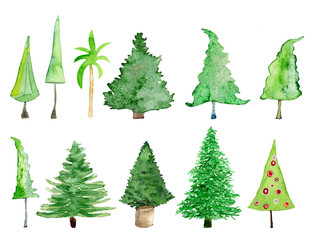 Obraz premium Bäume und Weihnachtsbäume, Aquarell auf Papier