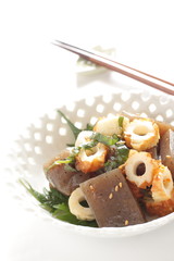 Japanese food, Chikuwa fish cake and Konjac stir fried for diet food image
