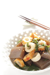 Japanese food, Chikuwa fish cake and Konjac stir fried for diet food image