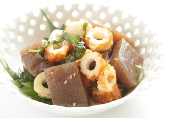 Japanese food, Chikuwa fish cake and Konjac stir fried for diet food image