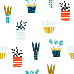 Fototapeta na wymiar Seamless pattern with houseplants. Trendy print. Vector hand drawn illustration.