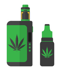Cannabis vaping illustration. Liquid bottle and box mod with cannabis sign. 
