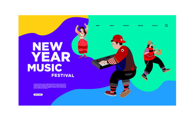 Landing Page Banner For New Year Jazz Festival. Vector Illustration of Singer, Guitarist,Saxophonist, and Keyboardist in one Band Performing at Summer Jazz Festival.