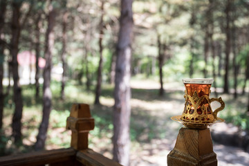 Eastern black tea in glass at the forest. Eastern tea concept. Armudu traditional cup. Green nature background.