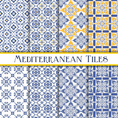 Mediterranean tiles blue and yellow sicily theme - obrazy, fototapety, plakaty