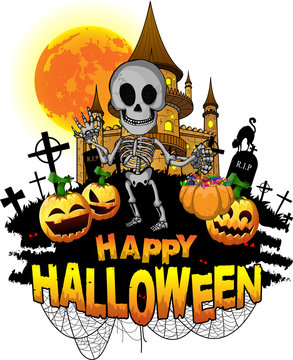 Halloween Design template with skeleton. Vector illustration.