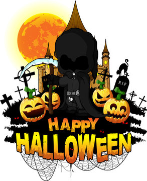 Halloween Design template with dark reaper. Vector illustration.