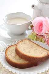Marble pound cake on dish with copy space