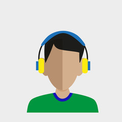 The picture is a guy with headphones, picture for the site, project, presentation, icon for web design. Painting for printing, design.