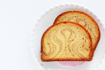 Marble pound cake on dish with copy space
