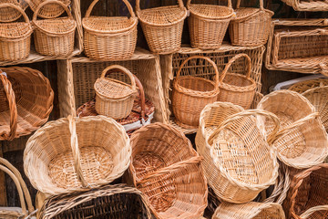Wicker hand-made baskets at the shop of a touristic street of Segovia Castilla and Leon Spain.