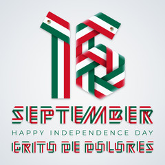 September 16, Mexico Independence Day congratulatory design with Mexican flag elements. Vector illustration.