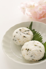 Japanese food, green leaf rice ball with copy space