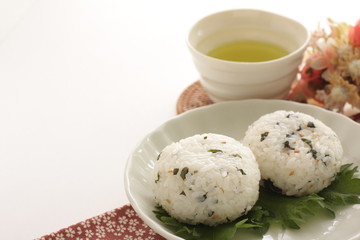 Japanese food, green leaf rice ball with copy space