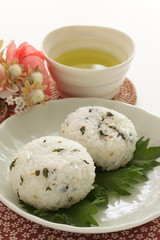 Japanese food, green leaf rice ball with copy space