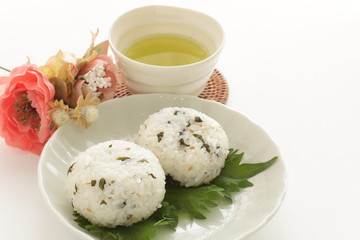 Japanese food, green leaf rice ball with copy space