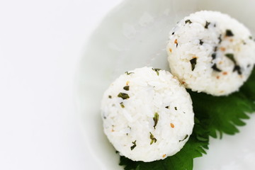 Japanese food, green leaf rice ball with copy space