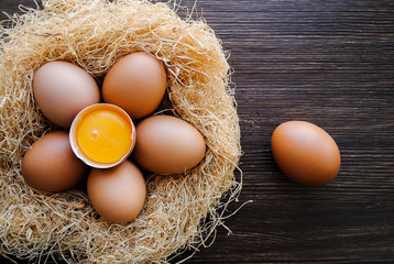 Brown chicken eggs lie in the nest.