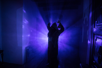 Fototapeta na wymiar Horror silhouette of ghost inside dark room with mirror Scary halloween concept Silhouette of witch inside haunted house with fog and light on background.