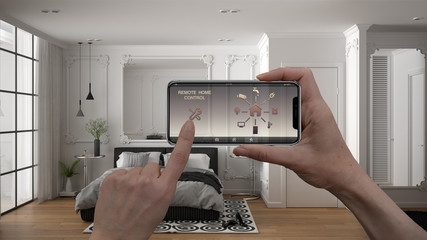 Remote home control system on a digital smart phone tablet. Device with app icons. Interior of...