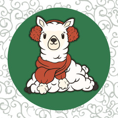 Christmas cartoon lying lama character in scarf and fur headphones vector image. Merry Christmas greeting card with fun alpaca. Funny winter card with a cartoon llama. New Year's poster.