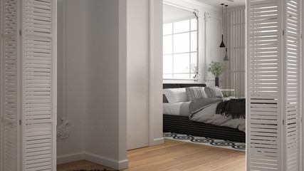 White folding door opening on modern luxury classic bedroom with double bed, carpet and big panoramic window, interior design, architect designer concept, blur background