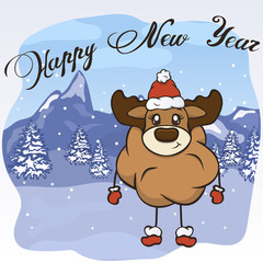 Christmas cartoon deer character in Santa's hat, boots and mittens vector image. Merry Christmas greeting card with fun antler. Funny winter card with a cartoon reindeer. New Year's elk poster.