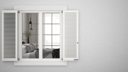 Exterior plaster wall with white window with shutters, showing interior bedroom, blank background with copy space, architecture design concept idea, mockup template