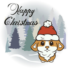 Christmas cartoon corgi dog character in Santa's hat with pompon vector image. Merry Christmas greeting card with fun puppy. Funny winter card with a cartoon corgi. New Year's poster.