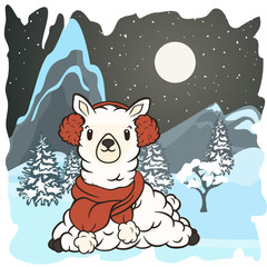 Christmas cartoon lying lama character in scarf and fur headphones vector image. Merry Christmas greeting card with fun alpaca. Funny winter card with a cartoon llama. New Year's poster.