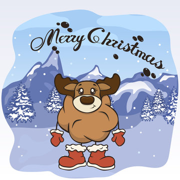 Christmas cartoon deer character in Santa's boots and mittens vector image. Merry Christmas greeting card with fun antler. Funny winter card with a cartoon reindeer. New Year's elk poster.