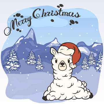 Christmas cartoon lying lama character in Santa's hat with pompon vector image. Merry Christmas greeting card with fun alpaca. Funny winter card with a cartoon llama. New Year's poster.