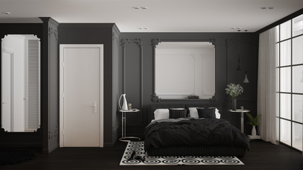 Modern gray bedroom in classic room with wall moldings, parquet floor, double bed with duvet and pillows, minimalist bedside tables, mirror and decors. Interior design concept