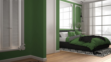 Modern green colored bedroom in classic room with wall moldings, parquet, double bed with duvet and pillows, minimalist bedside tables, mirror and decors. Interior design concept