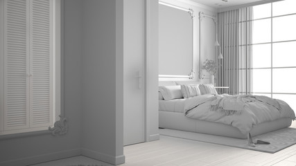 Total white project draft of modern bedroom in classic room with wall moldings, parquet, double bed with duvet and pillows, mirror and decors, interior design architecture concept