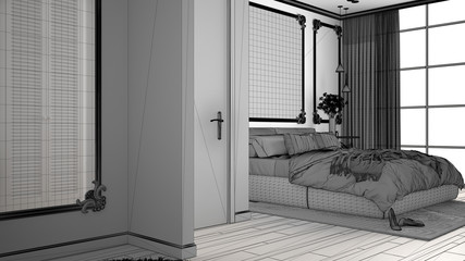 Unfinished project of of modern bedroom in classic room with wall moldings, parquet, double bed with duvet and pillows, mirror and decors, interior design architecture concept